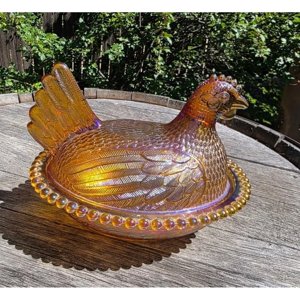 Indiana Glass Amber iridescent Carnival Glass Hen on Nest Covered Dish Rare VTG